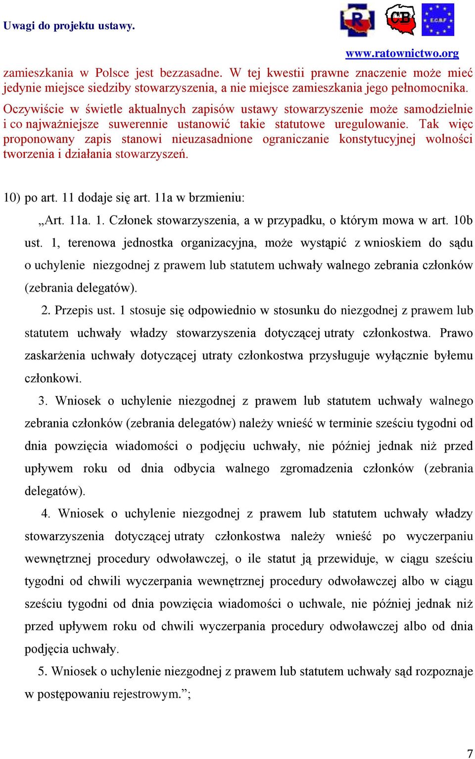 Tak więc proponowany zapis stanowi nieuzasadnione ograniczanie konstytucyjnej wolności tworzenia i działania stowarzyszeń. 10) po art. 11 dodaje się art. 11a w brzmieniu: Art. 11a. 1. Członek stowarzyszenia, a w przypadku, o którym mowa w art.