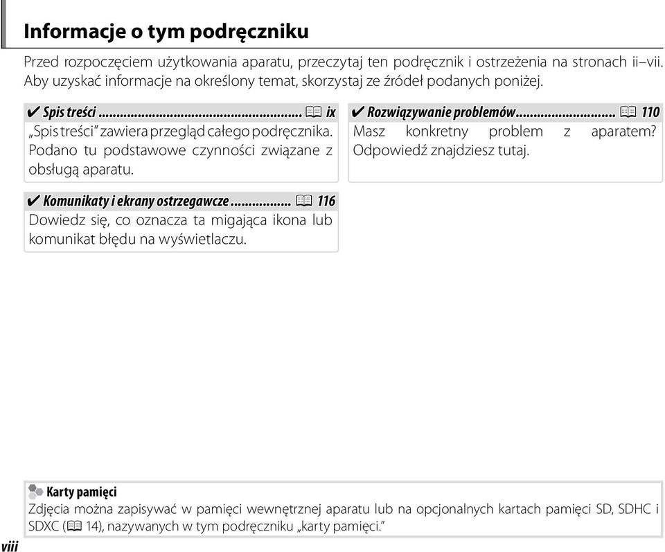 Podano tu podstawowe czynności związane z obsługą aparatu. Rozwiązywanie problemów... P 0 Masz konkretny problem z aparatem? Odpowiedź znajdziesz tutaj.