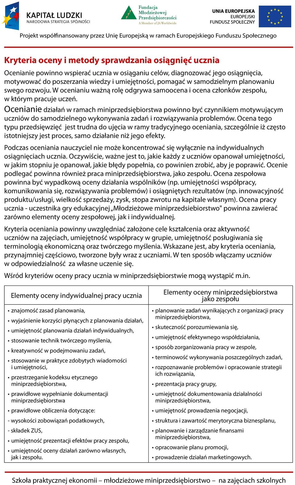 Ocenianie działań w ramach miniprzedsiębiorstwa powinno być czynnikiem motywującym uczniów do samodzielnego wykonywania zadań i rozwiązywania problemów.