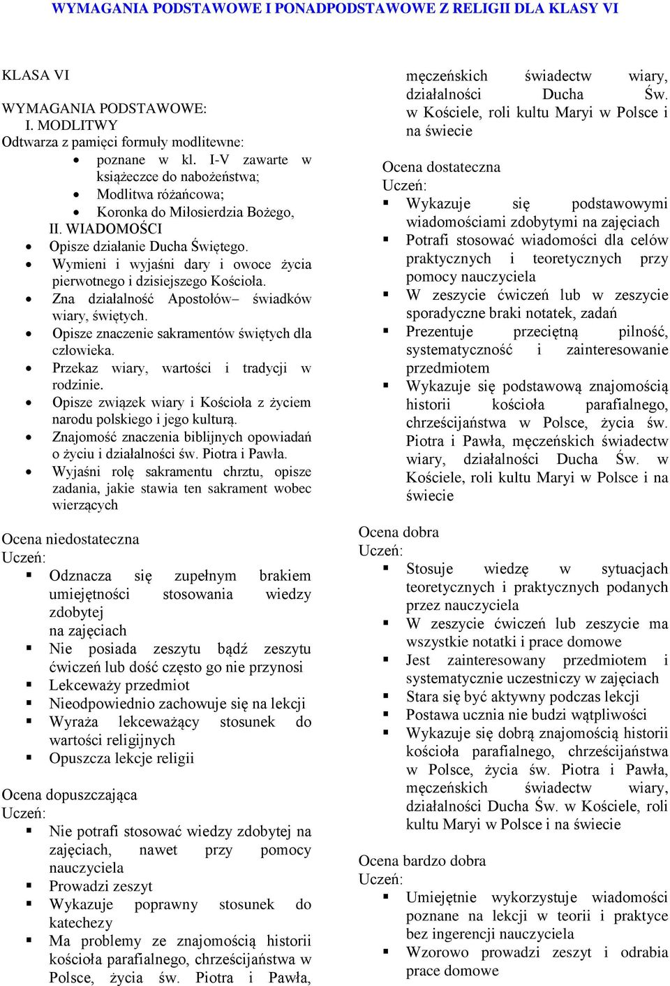 Zna działalność Apostołów świadków wiary, świętych. Opisze znaczenie sakramentów świętych dla człowieka. Przekaz wiary, wartości i tradycji w rodzinie.