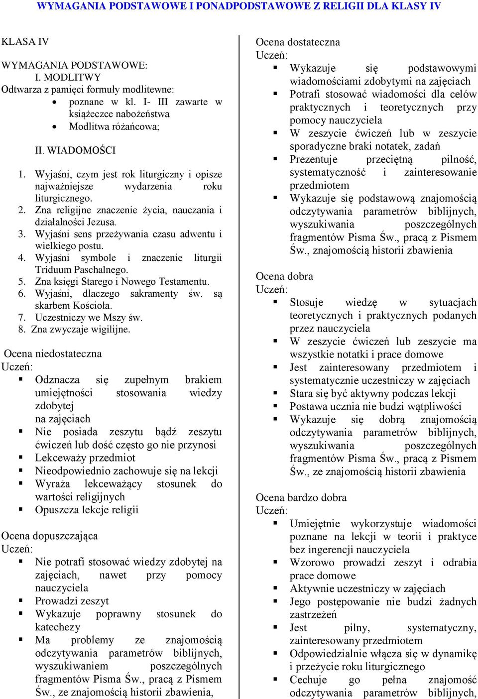 Zna religijne znaczenie życia, nauczania i działalności Jezusa. 3. Wyjaśni sens przeżywania czasu adwentu i wielkiego postu. 4. Wyjaśni symbole i znaczenie liturgii Triduum Paschalnego. 5.