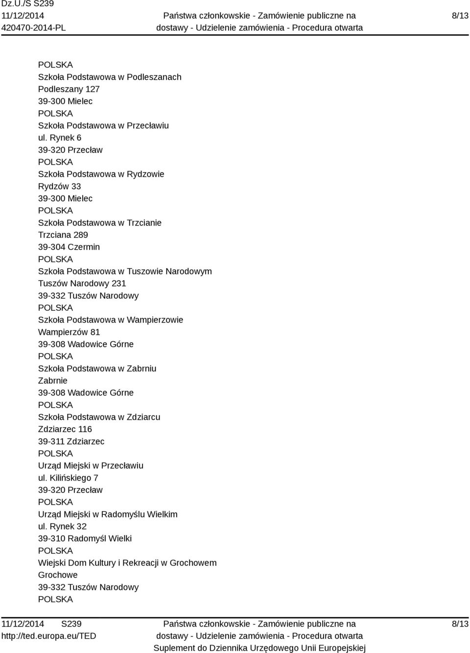 Tuszów Narodowy 231 Szkoła Podstawowa w Wampierzowie Wampierzów 81 Szkoła Podstawowa w Zabrniu Zabrnie Szkoła Podstawowa w Zdziarcu