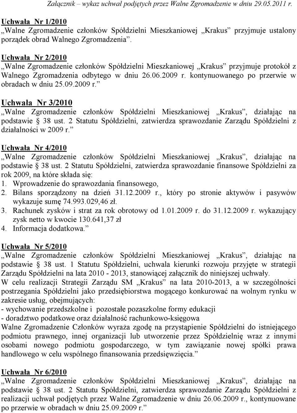 Uchwała Nr 2/2010 Walne Zgromadzenie członków Spółdzielni Mieszkaniowej Krakus przyjmuje protokół z Walnego Zgromadzenia odbytego w dniu 26.06.2009 r. kontynuowanego po przerwie w obradach w dniu 25.