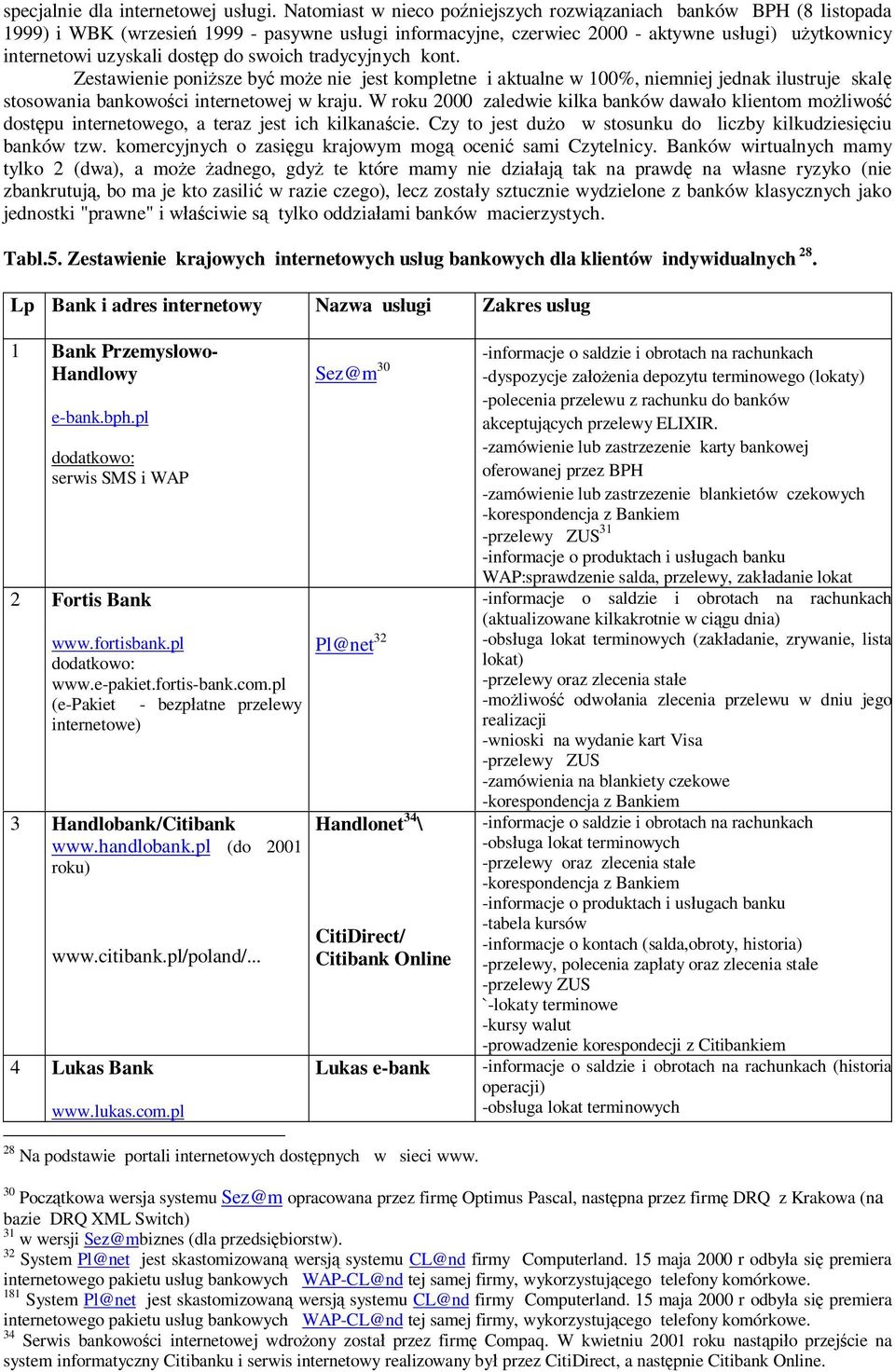 do swoich tradycyjnych kont. Zestawienie poni sze by mo e nie jest kompletne i aktualne w 100%, niemniej jednak ilustruje skal stosowania bankowo ci internetowej w kraju.