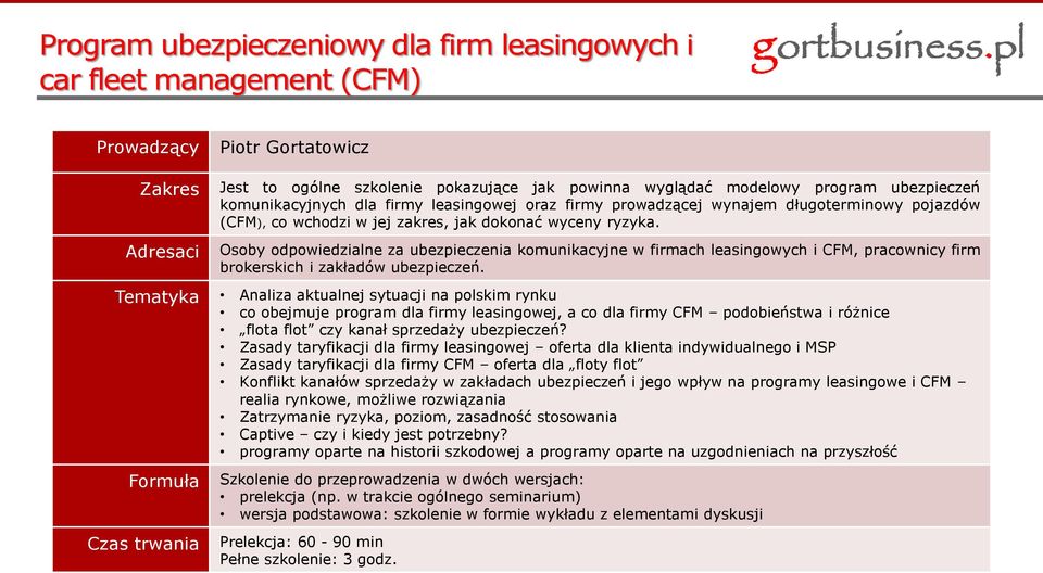 Osoby odpowiedzialne za ubezpieczenia komunikacyjne w firmach leasingowych i CFM, pracownicy firm brokerskich i zakładów ubezpieczeń.