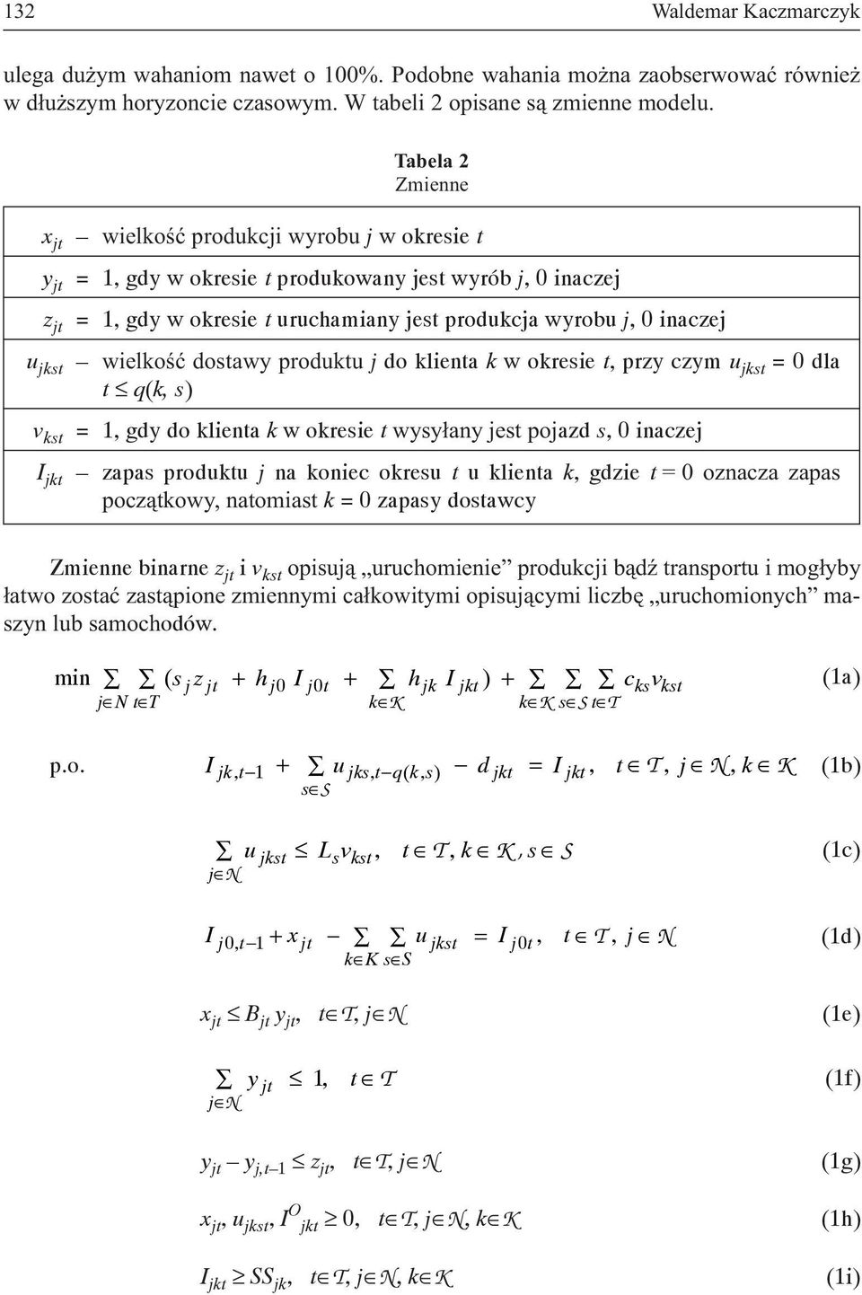 jkst wielkoœæ dostawy produktu j do klienta k w okresie t, przy czym u jkst = 0 dla t q(k, s) v kst = 1, gdy do klienta k w okresie t wysy³any jest pojazd s, 0 inaczej I jkt zapas produktu j na