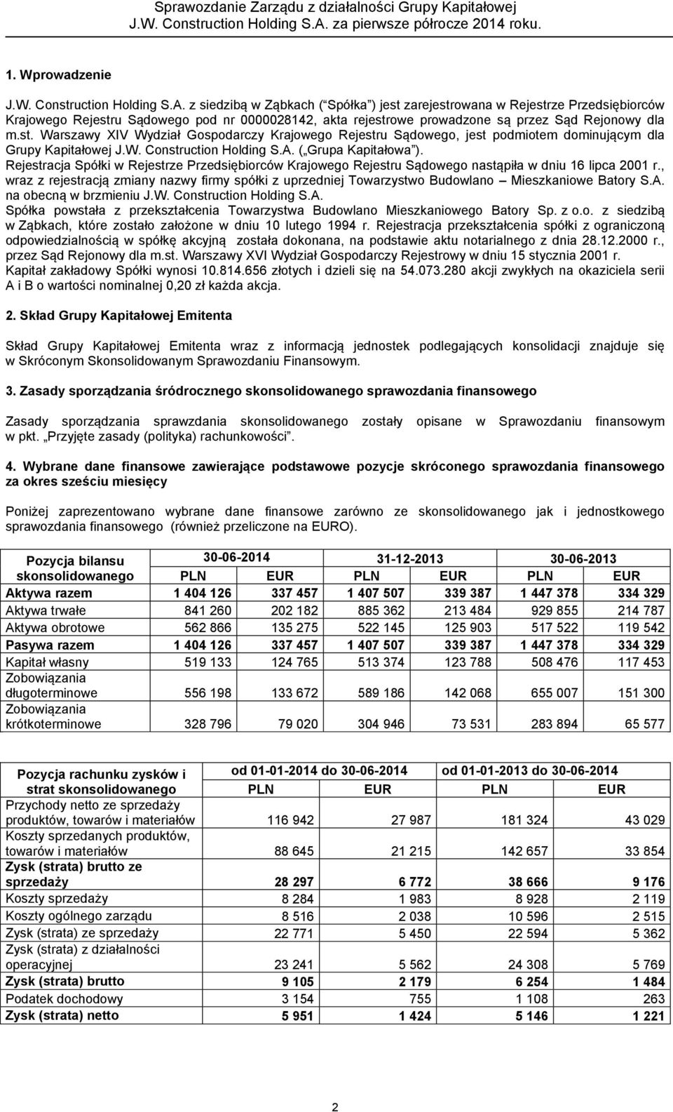 W. Construction Holding S.A. ( Grupa Kapitałowa ). Rejestracja Spółki w Rejestrze Przedsiębiorców Krajowego Rejestru Sądowego nastąpiła w dniu 16 lipca 2001 r.