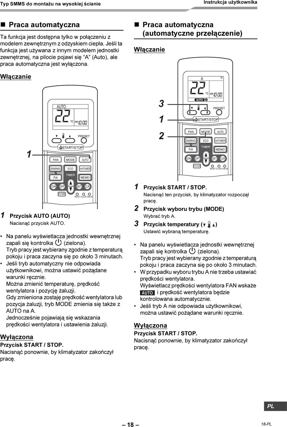 Włączanie Praca automatyczna (automatyczne przełączenie) Włączanie A AUTO 3 1 PRESET START/STOP PRESET 2 FAN SWING MODE ECO AUTO Hi-POWER 1 FAN START/STOP MODE AUTO TIMER FIX MEMO ON OFF SET CLR