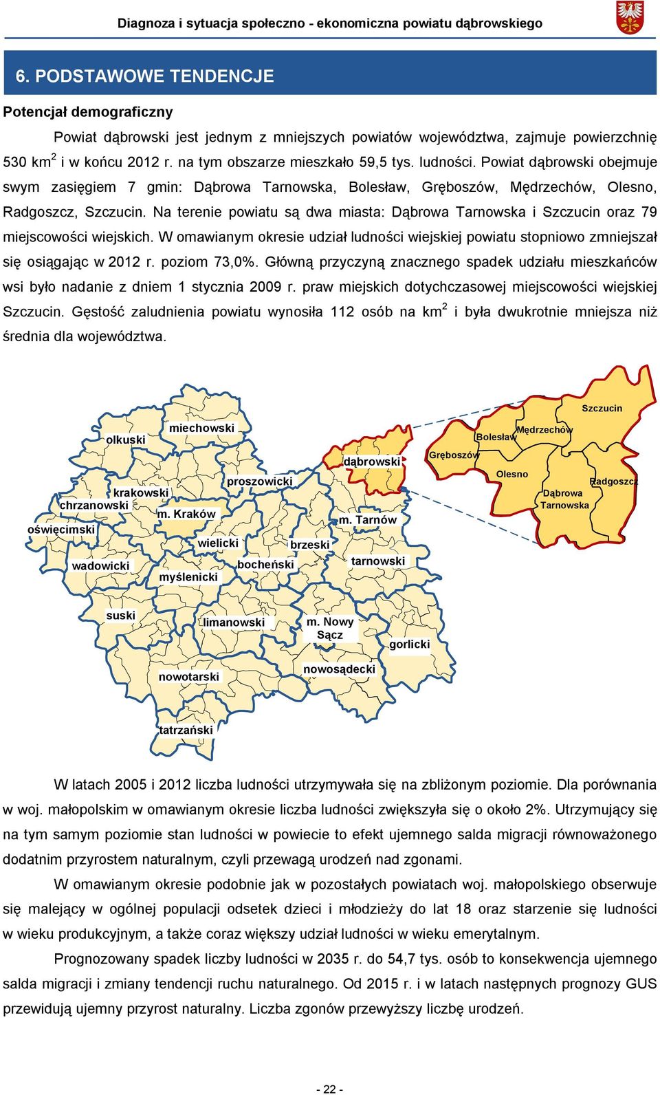 Na terenie powiatu są dwa miasta: Dąbrowa i Szczucin oraz 79 miejscowości wiejskich. W omawianym okresie udział ludności wiejskiej powiatu stopniowo zmniejszał się osiągając w 2012 r. poziom 73,0%.