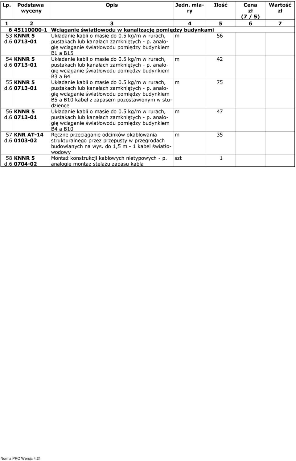 5 kg/m w rurach, pustakach lub kanałach zamkniętych - p. analogię wciąganie światłowodu pomiędzy budynkiem B3 a B4 Układanie kabli o masie do 0.5 kg/m w rurach, pustakach lub kanałach zamkniętych - p. analogię wciąganie światłowodu pomiędzy budynkiem B5 a B0 kabel z zapasem pozostawionym w studzience Układanie kabli o masie do 0.