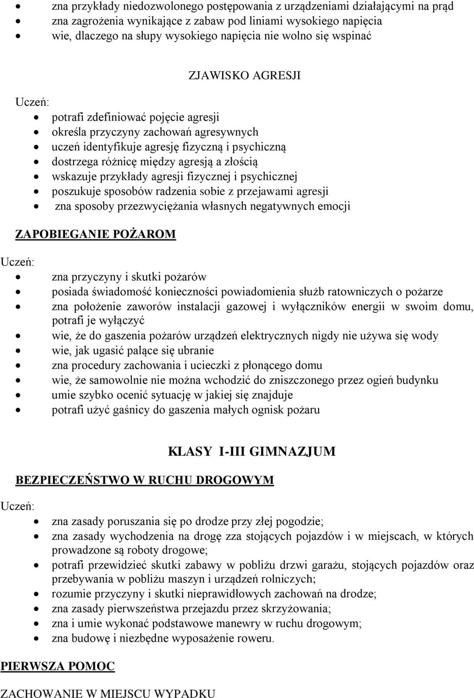 wskazuje przykłady agresji fizycznej i psychicznej poszukuje sposobów radzenia sobie z przejawami agresji zna sposoby przezwyciężania własnych negatywnych emocji ZAPOBIEGANIE POŻAROM zna przyczyny i