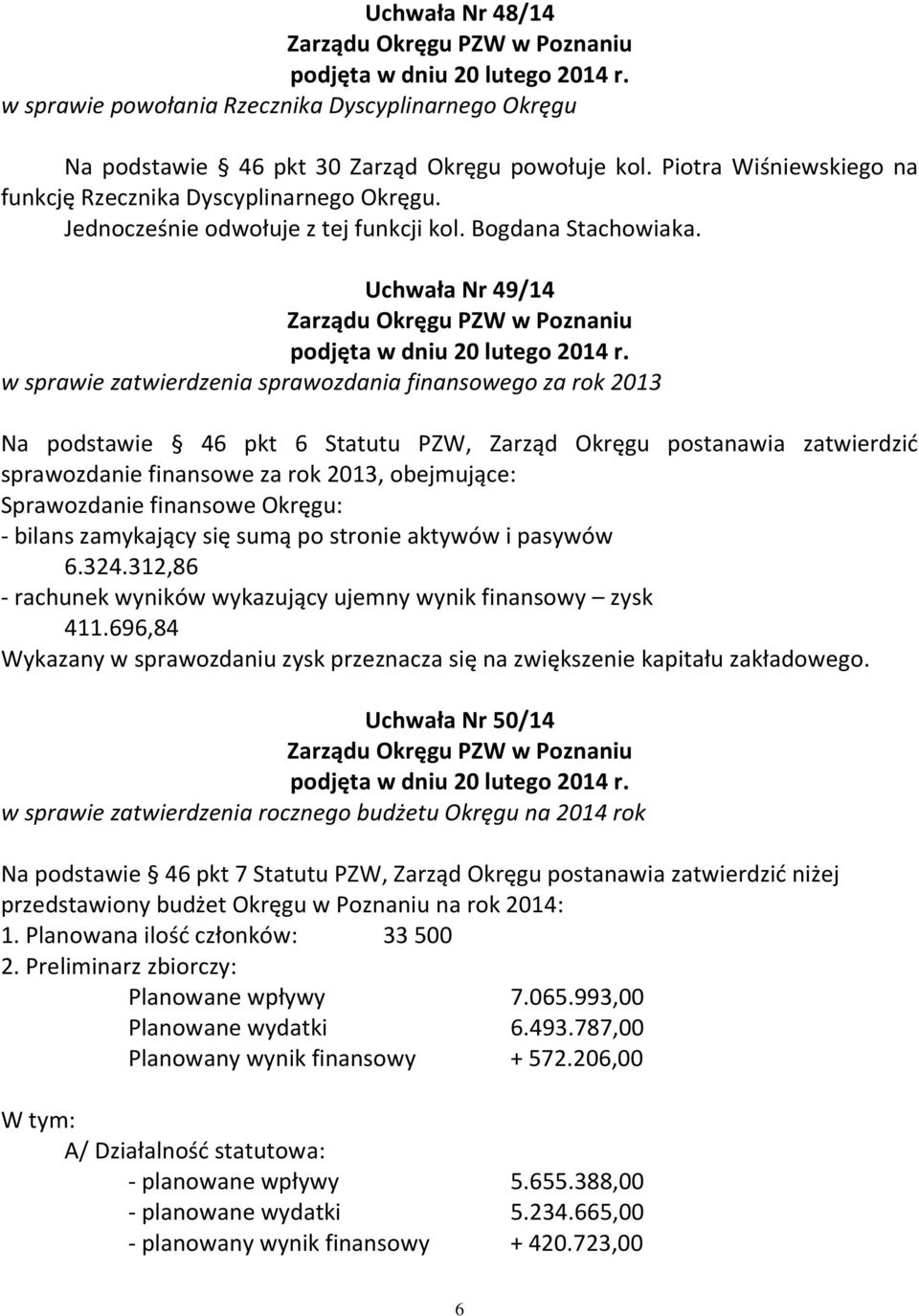 Uchwała Nr 49/14 Zarządu Okręgu PZW w Poznaniu podjęta w dniu 20 lutego 2014 r.