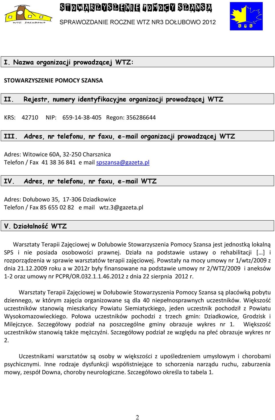 Adres, nr telefonu, nr faxu, e-mail WTZ Adres: Dołubowo 35, 17-306 Dziadkowice Telefon / Fax 85 655 02 82 e mail wtz.3@gazeta.pl V.