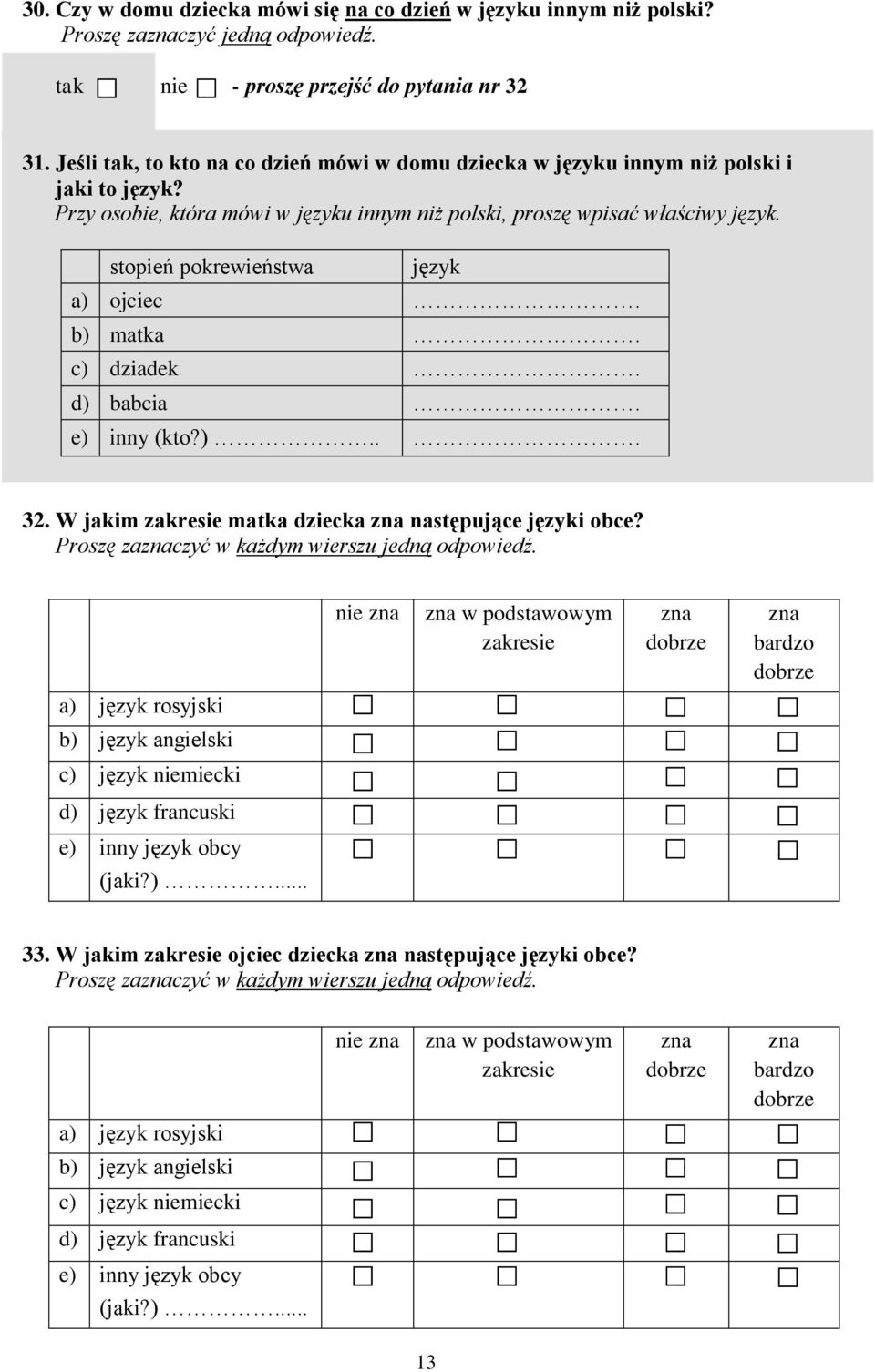 stopień pokrewieństwa język a) ojciec. b) matka. c) dziadek. d) babcia. e) inny (kto?)... 32. W jakim zakresie matka dziecka zna następujące języki obce?