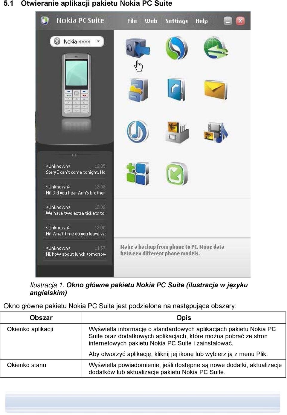 Okienko aplikacji Okienko stanu Opis Wyświetla informację o standardowych aplikacjach pakietu Nokia PC Suite oraz dodatkowych aplikacjach, które można