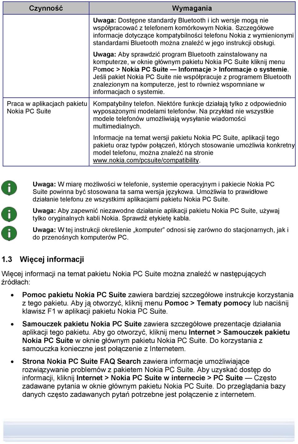 Uwaga: Aby sprawdzić program Bluetooth zainstalowany na komputerze, w oknie głównym pakietu Nokia PC Suite kliknij menu Pomoc > Nokia PC Suite Informacje > Informacje o systemie.