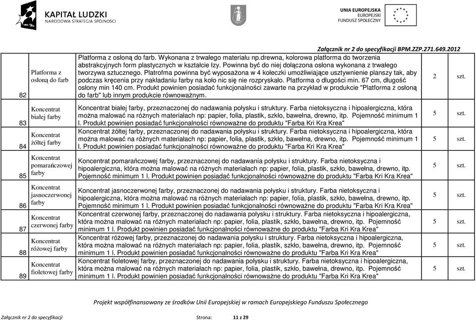 Platrofma powinna być wyposaŝona w 4 kołeczki umoŝliwiające usztywnienie planszy tak, aby podczas kręcenia przy nakładaniu farby na koło nic się nie rozpryskało. Platforma o długości min.