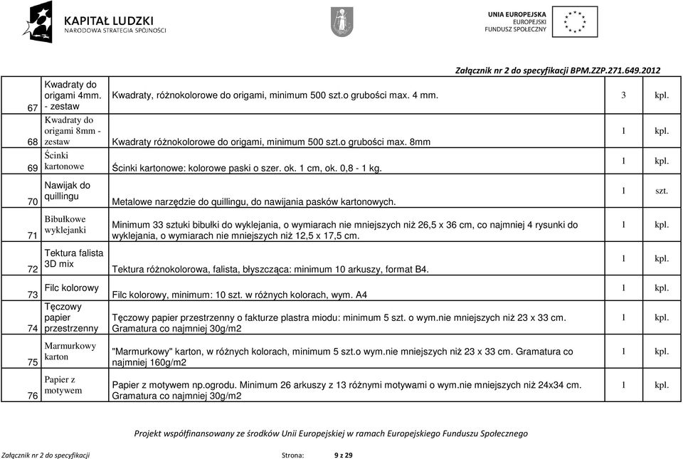 3 kpl. Kwadraty róŝnokolorowe do origami, minimum 500 szt.o grubości max. 8mm Ścinki kartonowe: kolorowe paski o szer. ok. 1 cm, ok. 0,8-1 kg.