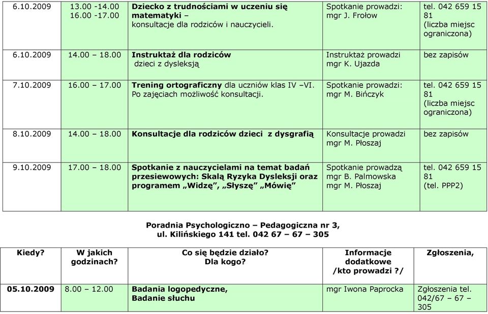 Po zajęciach moŝliwość konsultacji. Spotkanie prowadzi: mgr M. Bińczyk tel. 042 659 15 81 (liczba miejsc ) 8.10.2009 14.00 18.00 Konsultacje dla rodziców dzieci z dysgrafią Konsultacje prowadzi mgr M.