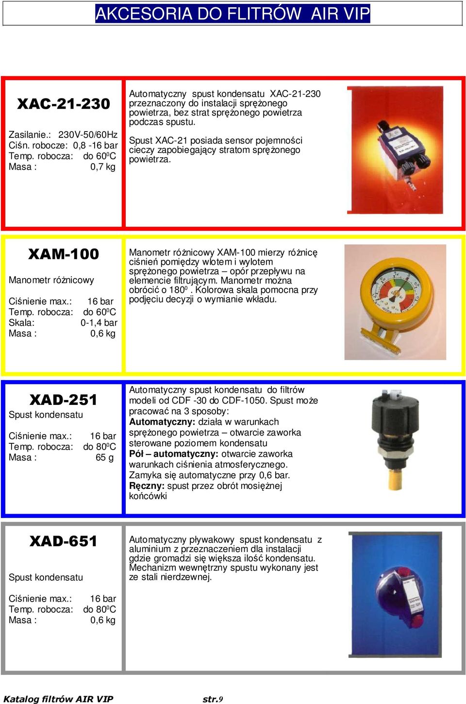 Spust XAC-21 posiada sensor pojemności cieczy zapobiegający stratom sprężonego powietrza. Manometr różnicowy Ciśnienie max.: 16 bar Temp.