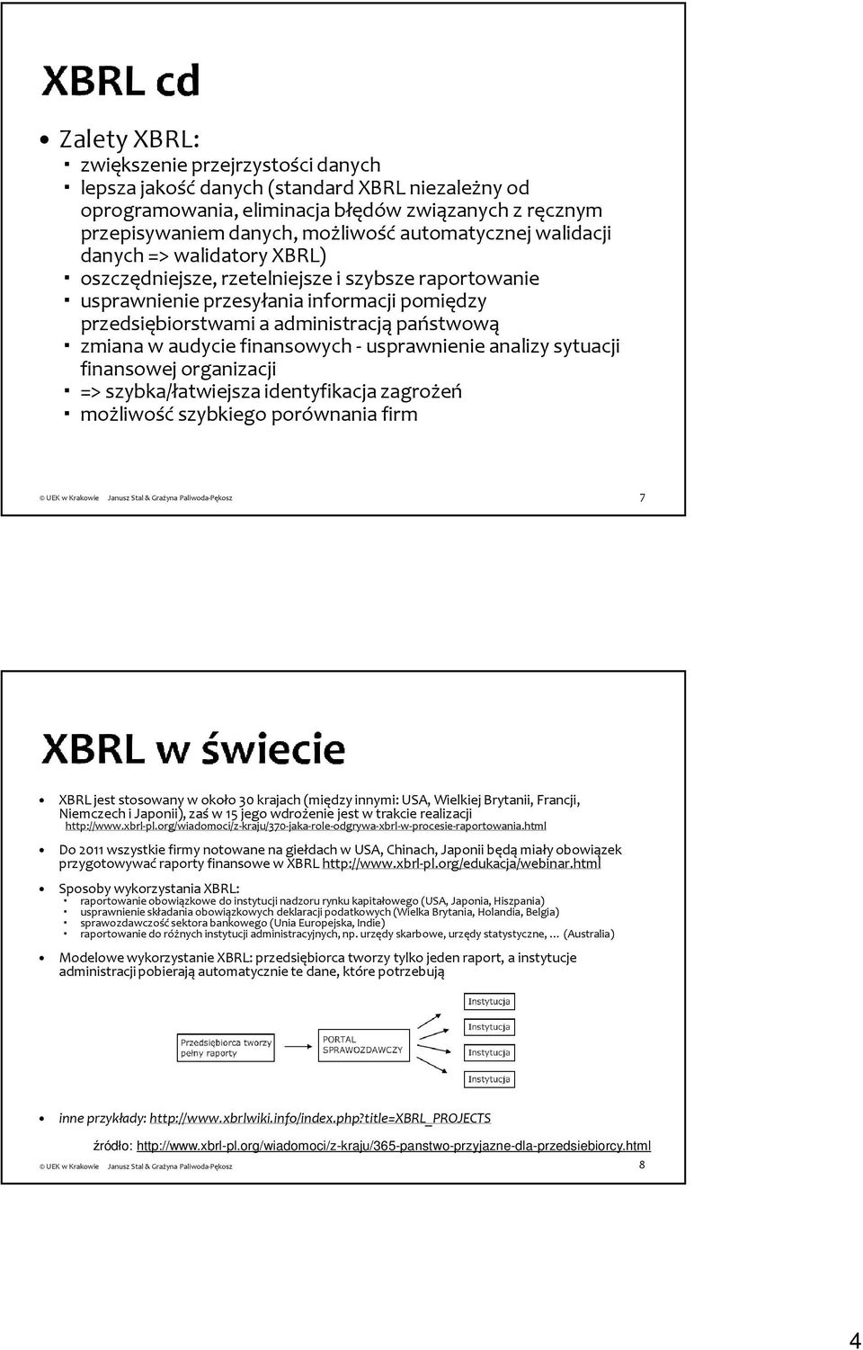 finansowych -usprawnienie analizy sytuacji finansowej organizacji => szybka/łatwiejsza identyfikacja zagrożeń możliwość szybkiego porównania firm 7 XBRL jest stosowany w około 30 krajach (między