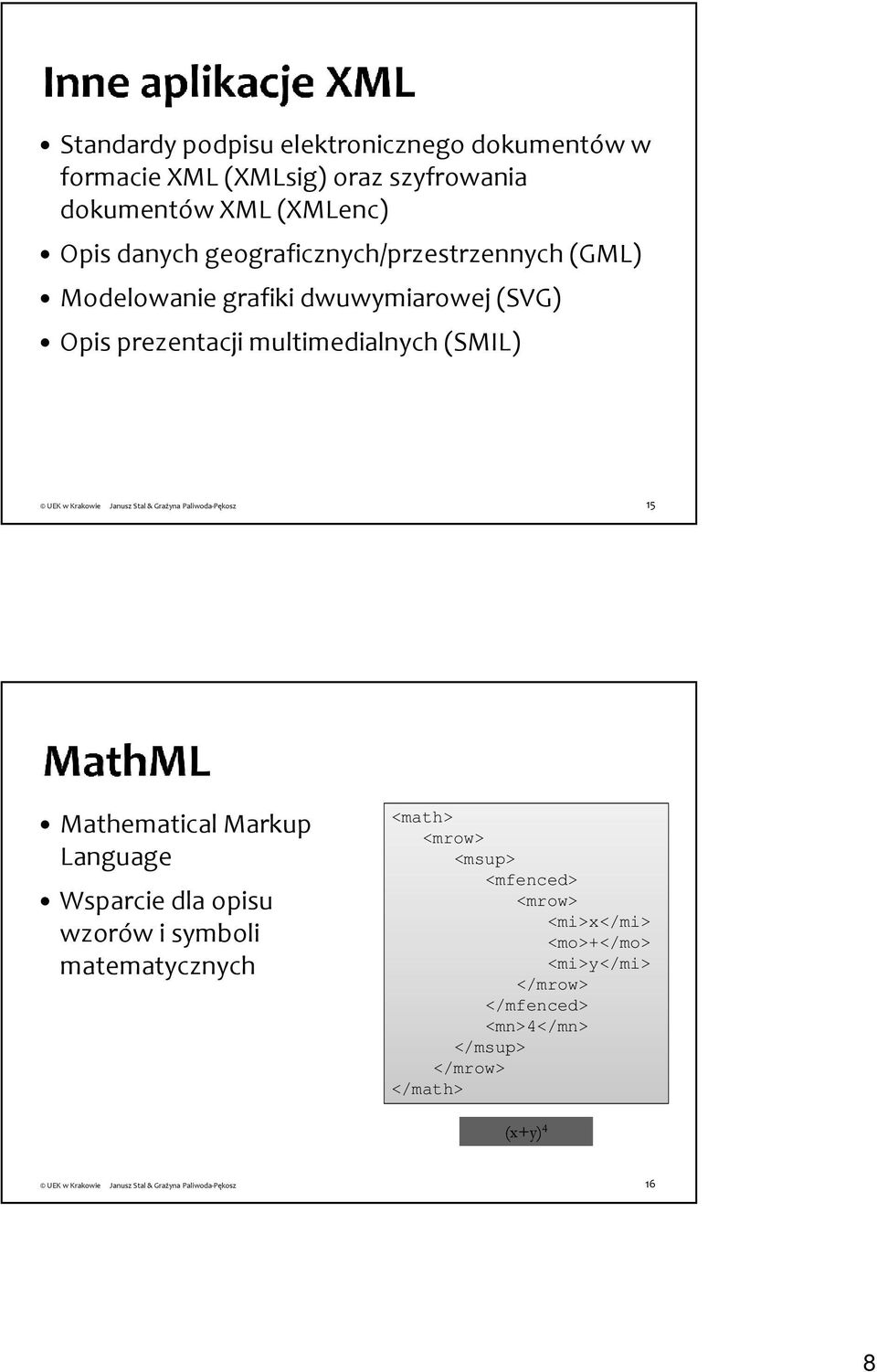 multimedialnych (SMIL) 15 Mathematical Markup Language Wsparcie dla opisu wzorów i symboli matematycznych <math>