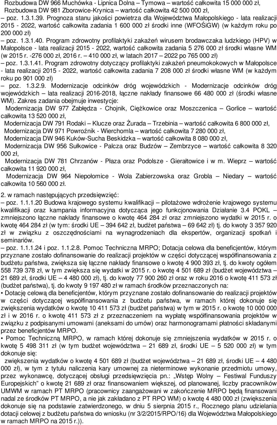 Program zdrowotny profilaktyki zakażeń wirusem brodawczaka ludzkiego (HPV) w Małopolsce - lata realizacji 2015-2022, wartość całkowita zadania 5 276 000 zł środki własne WM (w 2015 r.
