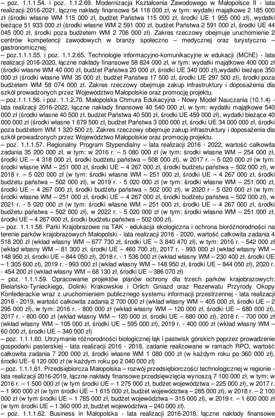 Państwa 115 000 zł, środki UE 1 955 000 zł), wydatki bieżące 51 933 000 zł (środki własne WM 2 591 000 zł, budżet Państwa 2 591 000 zł, środki UE 44 045 000 zł, środki poza budżetem WM 2 706 000 zł).