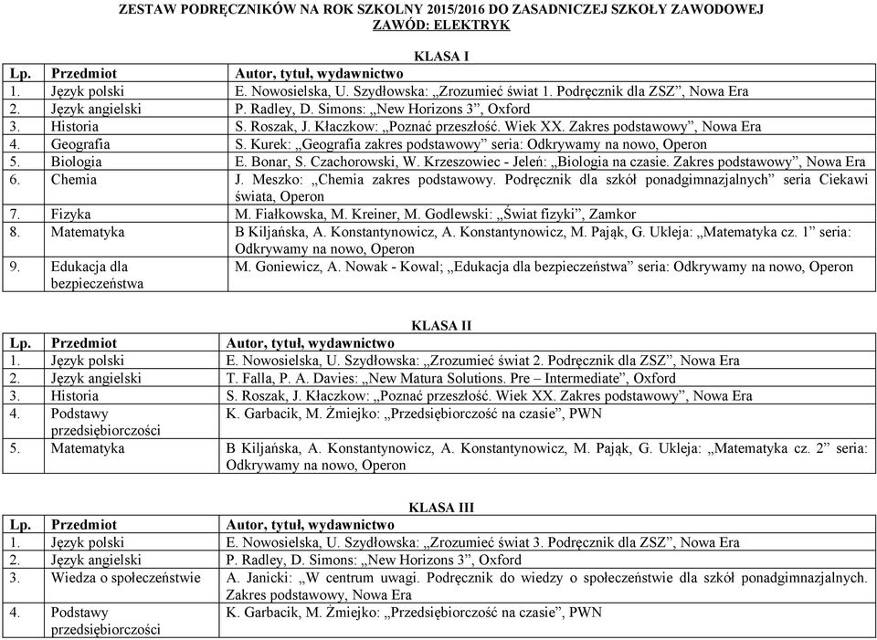 Kreiner, M Godlewski: Świat fizyki, Zamkor 8 Matematyka B Kiljańska, A Konstantynowicz, A Konstantynowicz, M Pająk, G Ukleja: Matematyka cz 1 seria: 9 Edukacja dla bezpieczeństwa M Goniewicz, A Nowak