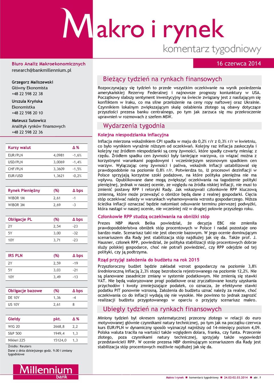 4,0981-1,6% USD/PLN 3,0069-1,4% CHF/PLN 3,3609-1,5% EUR/USD 1,3621-0,2% Rynek Pieniężny (%) Δ bps WIBOR 1M 2,61-1 WIBOR 3M 2,69-3 Obligacje PL (%) Δ bps 2Y 2,54-23 5Y 3,00-32 10Y 3,71-23 IRS PLN (%)