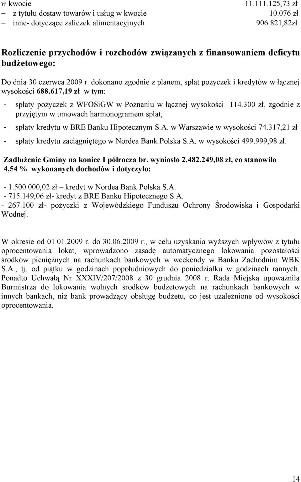617,19 zł w tym: - spłaty pożyczek z WFOŚiGW w Poznaniu w łącznej wysokości 114.300 zł, zgodnie z przyjętym w umowach harmonogramem spłat, - spłaty kredytu w BRE Banku Hipotecznym S.A.