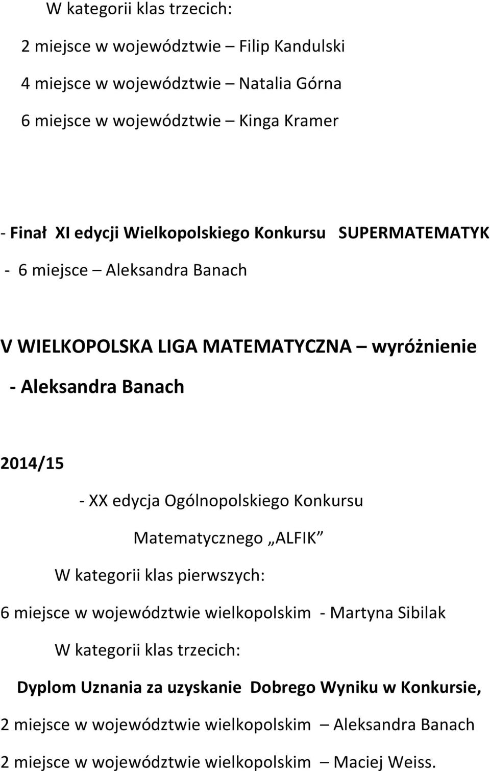 2014/15 - XX edycja Ogólnopolskiego Konkursu Matematycznego ALFIK 6 miejsce w województwie wielkopolskim - Martyna Sibilak Dyplom Uznania