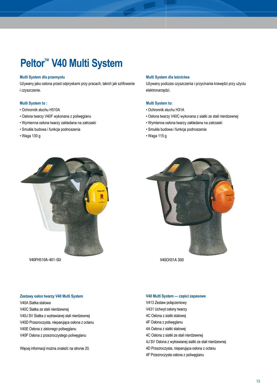 Multi System to : Ochronnik słuchu H510A Osłona twarzy V40F wykonana z poliwęglanu Wymienna osłona twarzy zakładana na zatrzaski Smukła budowa i funkcja podnoszenia Waga 130 g Multi System to: