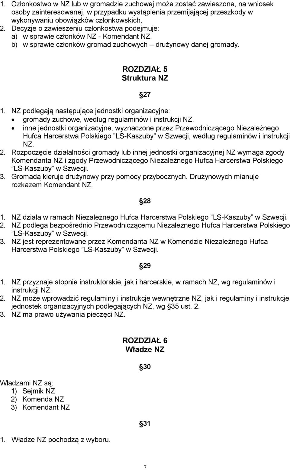 NZ podlegają następujące jednostki organizacyjne: gromady zuchowe, według regulaminów i instrukcji NZ.