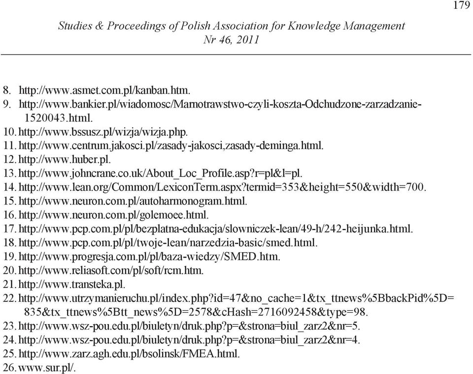 http://www.huber.pl. 13. http://www.johncrane.co.uk/about_loc_profile.asp?r=pl&l=pl. 14. http://www.lean.org/common/lexiconterm.aspx?termid=353&height=550&width=700. 15. http://www.neuron.com.pl/autoharmonogram.