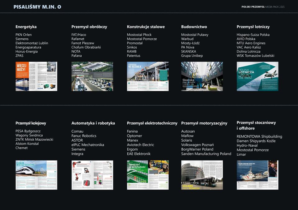 Obrabiarki NOTA Pafana Mostostal Płock Mostostal Pomorze Promostal Sinkos RAMB Patentus Mostostal Puławy Warbud Mosty-Łódź PA Nova SKANSKA Grupa Unibep Hispano-Suiza Polska AVIO Polska MTU Aero