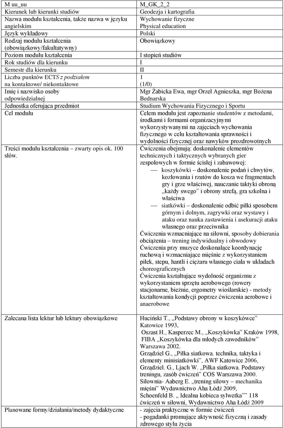 M_GK_2_2 Geodezja i kartografia Wychowanie fizyczne Physical education Polski Obowiązkowy I stopień studiów I II 1 (1/0) Mgr Źabicka Ewa, mgr Orzeł Agnieszka, mgr Bożena Bednarska Studium Wychowania