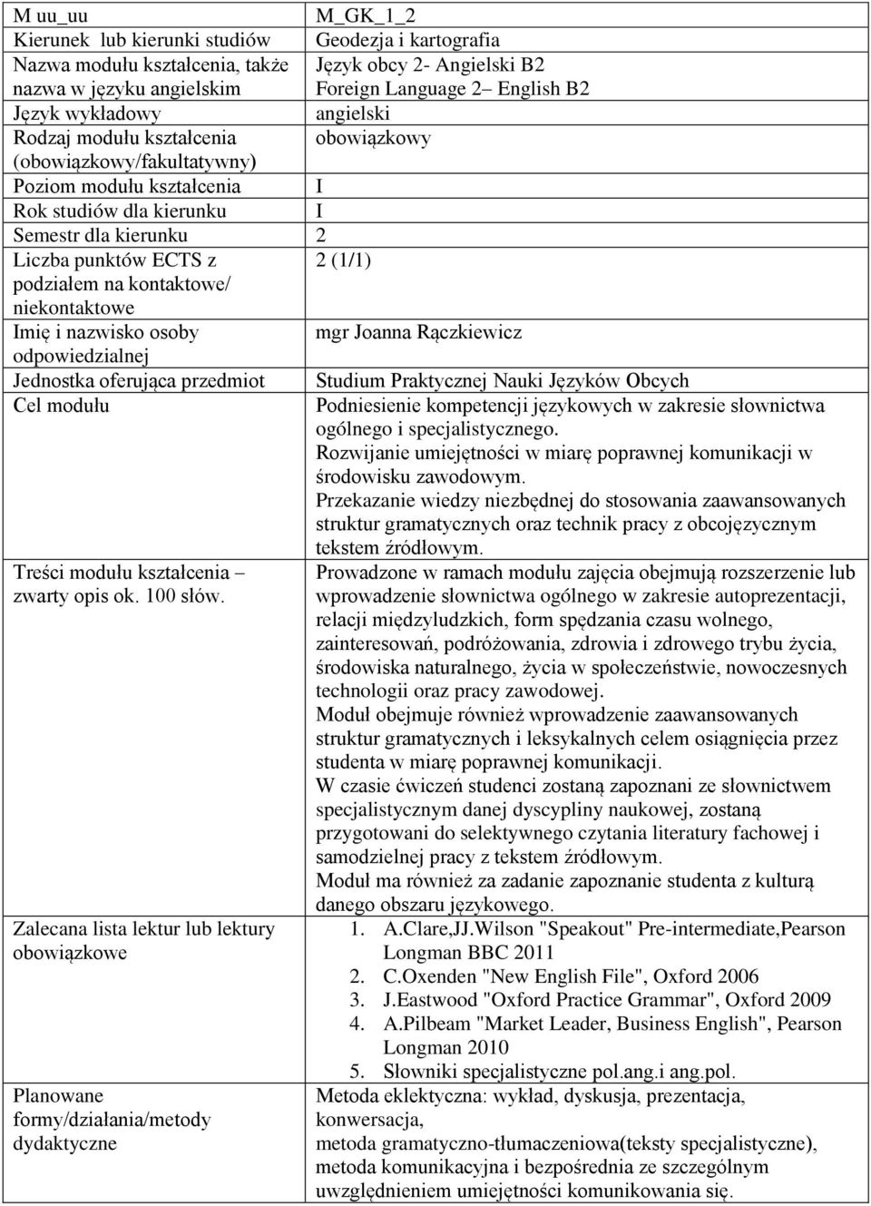 Podniesienie kompetencji językowych w zakresie słownictwa ogólnego i specjalistycznego. Rozwijanie umiejętności w miarę poprawnej komunikacji w środowisku zawodowym.