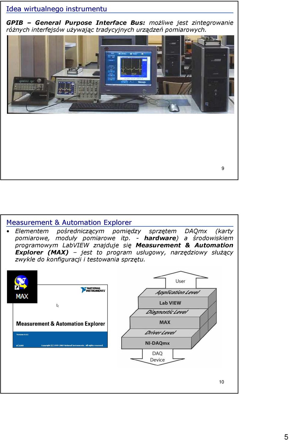 9 Measurement & Automation Explorer Elementem pośredniczącym pomiędzy sprzętem DAQmx (karty pomiarowe, moduły