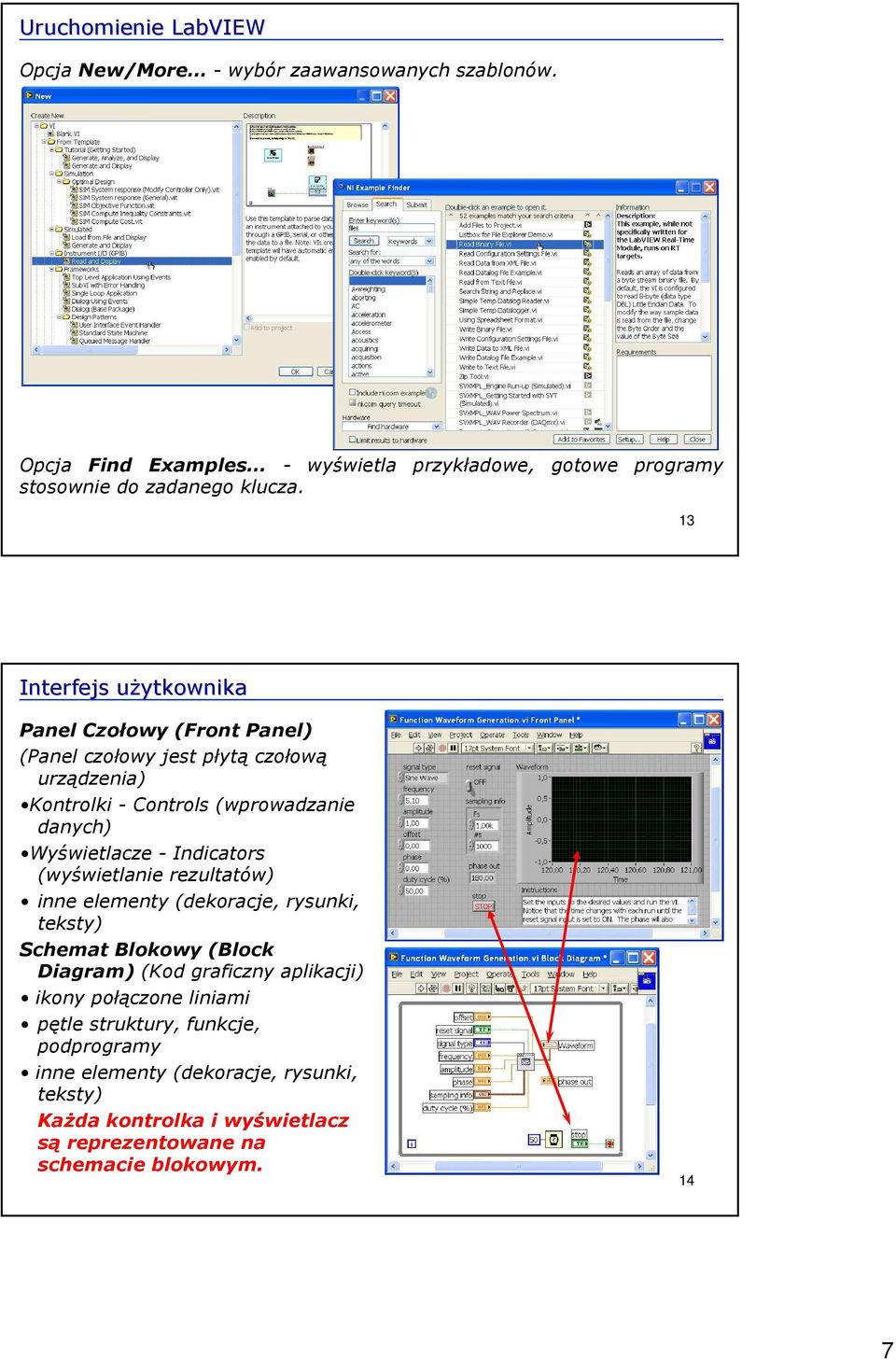 Indicators (wyświetlanie rezultatów) inne elementy (dekoracje, rysunki, teksty) Schemat Blokowy (Block Diagram) (Kod graficzny aplikacji) ikony połączone