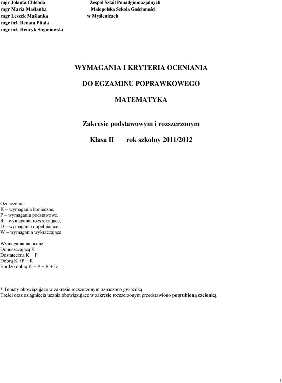 podstwowym i rozszerzonym ls II rok szkolny 2011/2012 Oznczeni: wymgni konieczne, wymgni podstwowe, R wymgni rozszerzjące, D wymgni dopełnijące, W wymgni