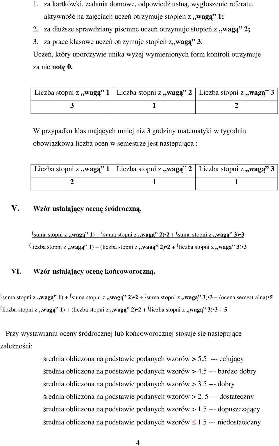 Liczba stopni z wag 1 Liczba stopni z wag 2 Liczba stopni z wag 3 3 1 2 W przypadku klas majcych mniej ni 3 godziny matematyki w tygodniu obowizkowa liczba ocen w semestrze jest nastpujca : Liczba