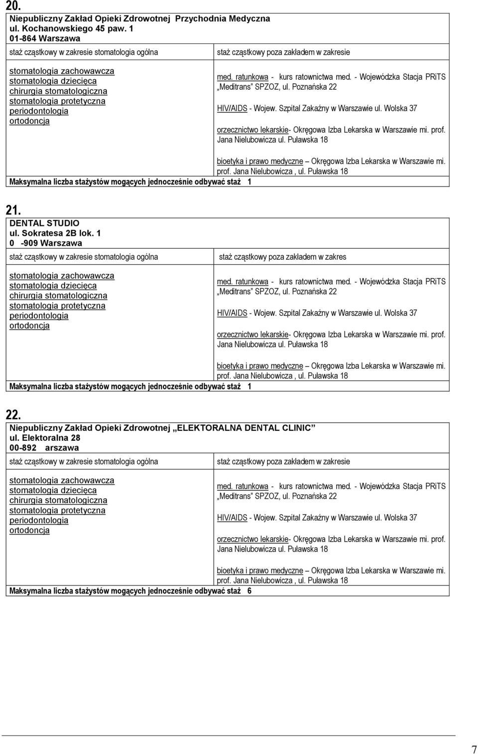 Jana Nielubowicza ul. Puławska 18 Warszawie mi. prof. Jana Nielubowicza, ul. Puławska 18 22. Niepubliczny Zakład Opieki Zdrowotnej ELEKTORALNA DENTAL CLINIC ul.