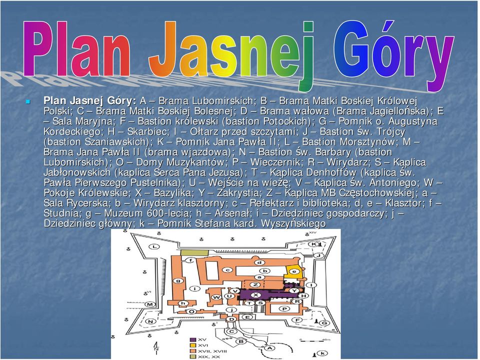 Trójcy (bastion Szaniawskich); K Pomnik Jana Pawła a II; L Bastion Morsztynów; M Brama Jana Pawła a II (brama wjazdowa); N Bastion św.