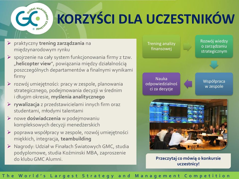 średnim i długim okresie, myślenia analitycznego rywalizacja z przedstawicielami innych firm oraz studentami, młodymi talentami nowe doświadczenia w podejmowaniu kompleksowych decyzji menedżerskich