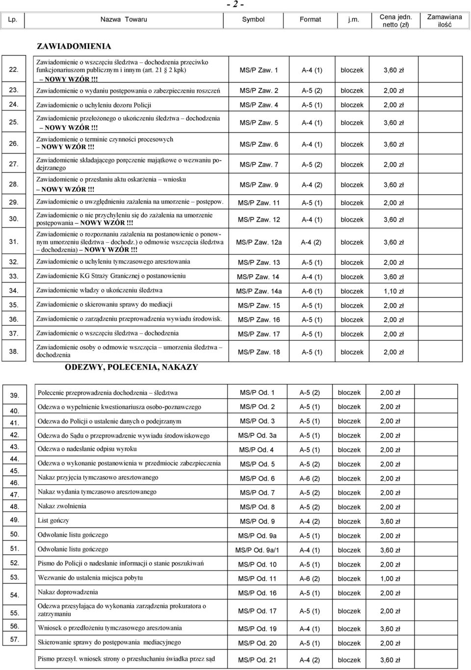 2 A-5 (2) bloczek 2,00 zł Zawiadomienie o uchyleniu dozoru Policji MS/P Zaw. 4 A-5 (1) bloczek 2,00 zł Zawiadomienie przełożonego o ukończeniu śledztwa dochodzenia MS/P Zaw.