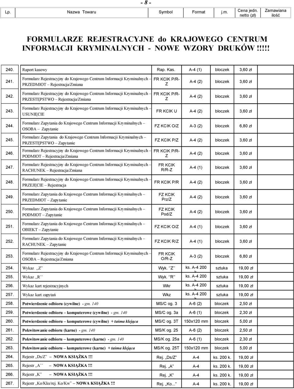 USUNIĘCIE OSOBA Zapytanie PRZESTĘPSTWO Zapytanie PODMIOT Rejestracja/Zmiana RACHUNEK Rejestracja/Zmiana PRZEJĘCIE Rejestracja FR KCIK U FZ KCIK O/Z A-3 (2) bloczek 6,80 zł FZ KCIK P/Z FR KCIK P/R- Z