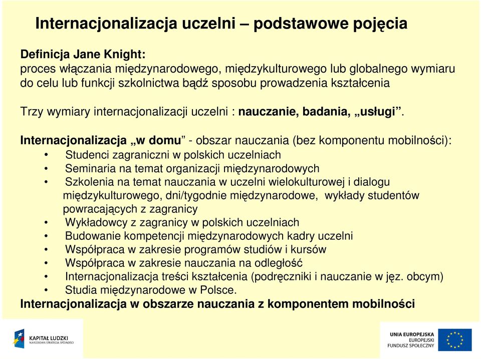 Internacjonalizacja w domu - obszar nauczania (bez komponentu mobilności): Studenci zagraniczni w polskich uczelniach Seminaria na temat organizacji międzynarodowych Szkolenia na temat nauczania w