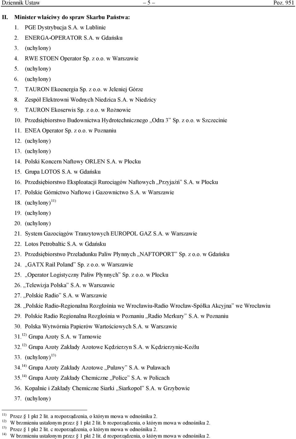 Przedsiębiorstwo Budownictwa Hydrotechnicznego Odra 3 Sp. z o.o. w Szczecinie 11. ENEA Operator Sp. z o.o. w Poznaniu 12. (uchylony) 13. (uchylony) 14. Polski Koncern Naftowy ORLEN S.A. w Płocku 15.