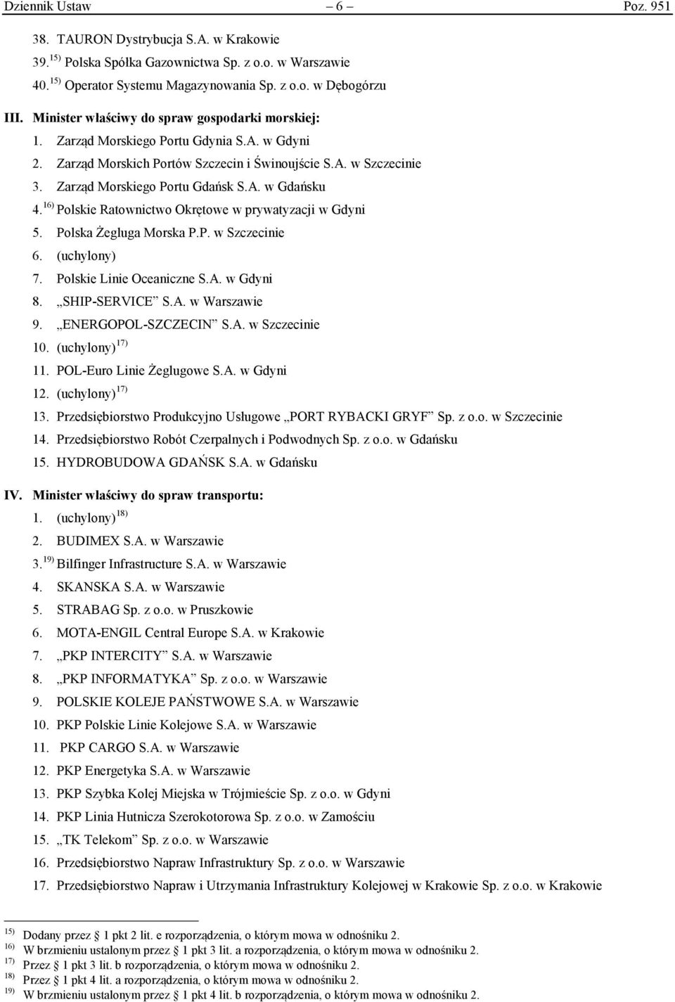 16) Polskie Ratownictwo Okrętowe w prywatyzacji w Gdyni 5. Polska Żegluga Morska P.P. w Szczecinie 6. (uchylony) 7. Polskie Linie Oceaniczne S.A. w Gdyni 8. SHIP-SERVICE S.A. w Warszawie 9.